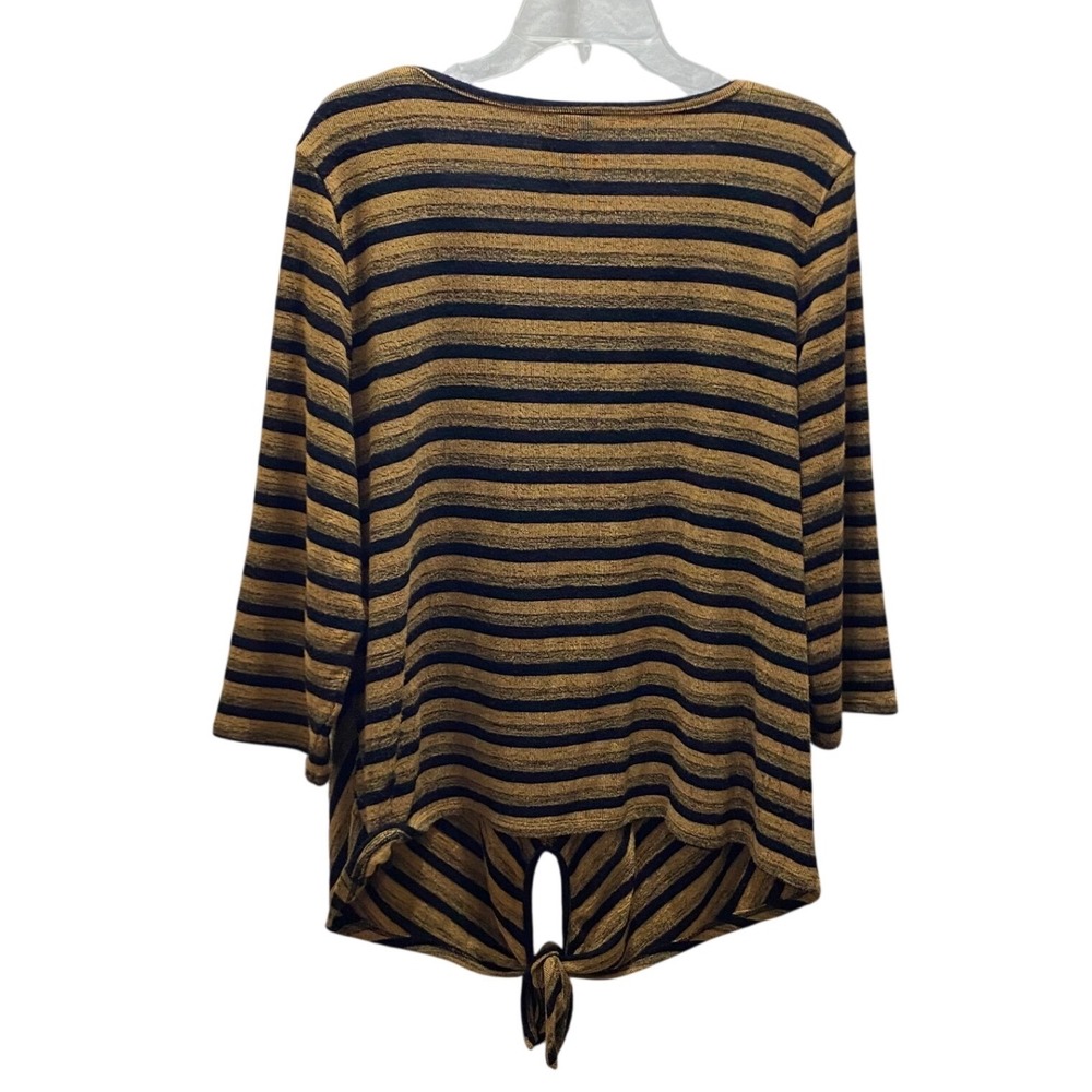 Ruby Rd Woman Mustard Black Striped Chevron Tie Front V-Neck Knit Top‎ 1X Plus - Picture 6 of 7